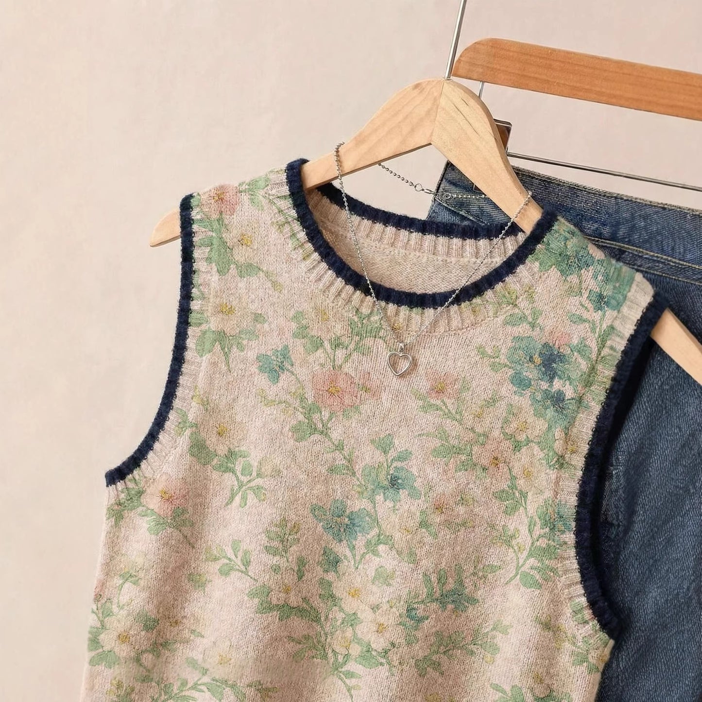 Small Floral Knitted Vest Womens Loose-Fitting Outerwear Sleeveless Sweater