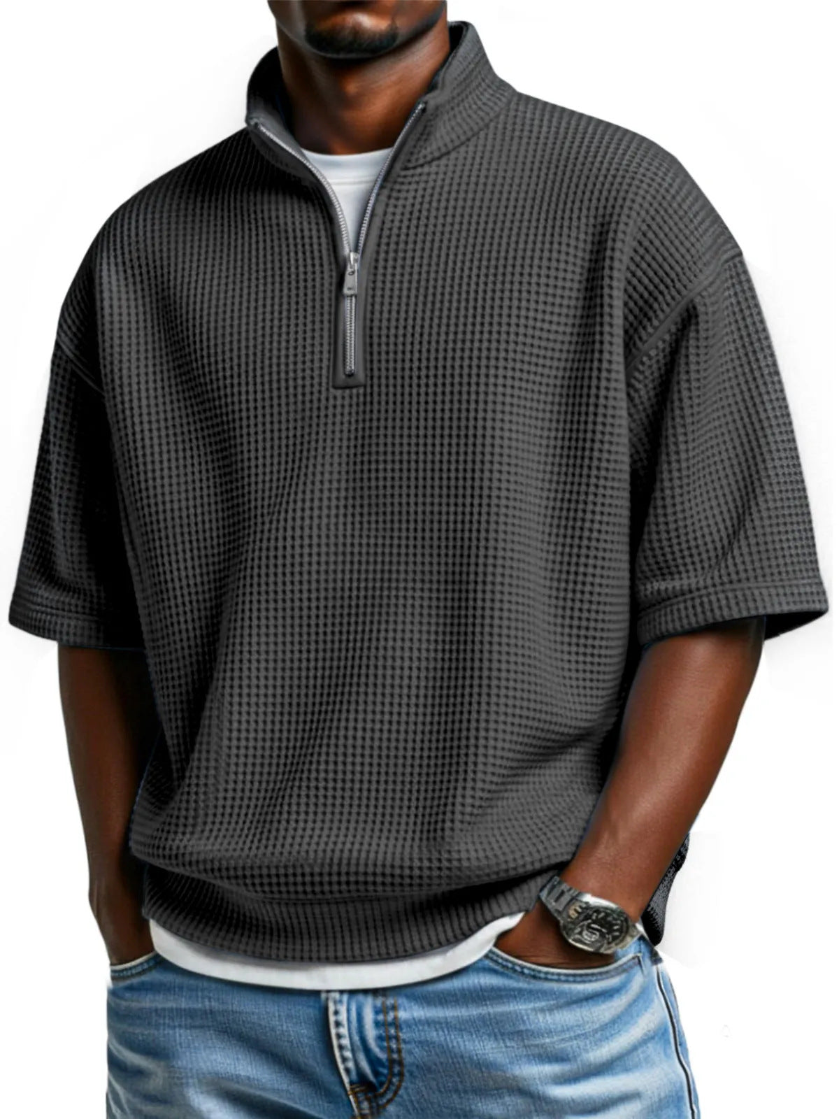 Men's Waffle Knit Half-Zip Polo Shirt - Short Sleeve