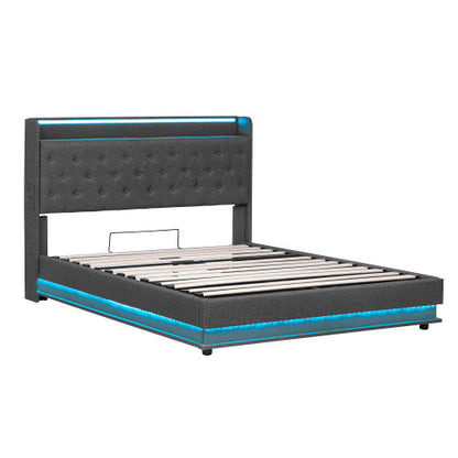 Cadre de lit capitonné King size 150cm avec rangement hydraulique, tête de lit capitonnée LED avec station de recharge et rangement de tête de lit dissimulé, ports USB et Type-C, lin, gris