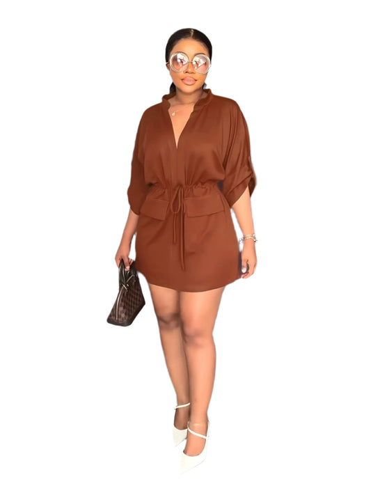 Robe décontractée unie à cordon de serrage à la taille, col en V et manches retroussables, vêtements pour femmes