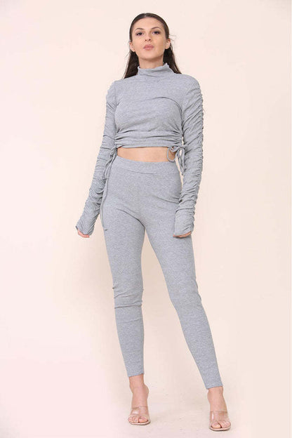 High Neck Drawstrings Ribbed Tee And Leggings Set