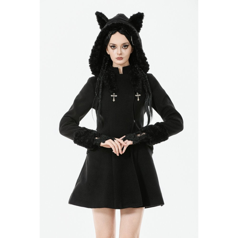 Manteau gothique Dark in Love avec oreilles de chat en fausse fourrure