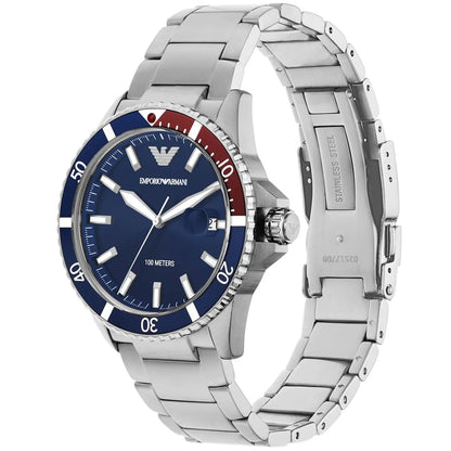 Montre Emporio Armani AR11339 pour homme, style plongeur, argent et bleu