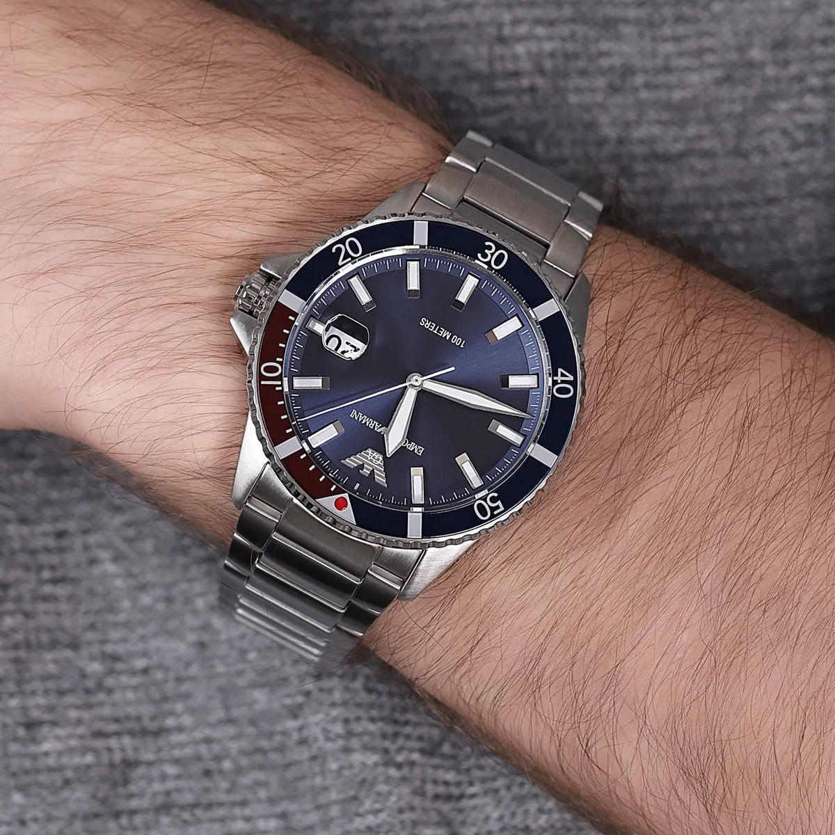 Montre Emporio Armani AR11339 pour homme, style plongeur, argent et bleu