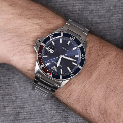 Montre Emporio Armani AR11339 pour homme, style plongeur, argent et bleu