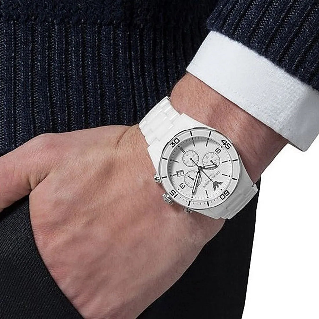 Montre Emporio Armani AR1424 Leo pour homme en céramique blanche
