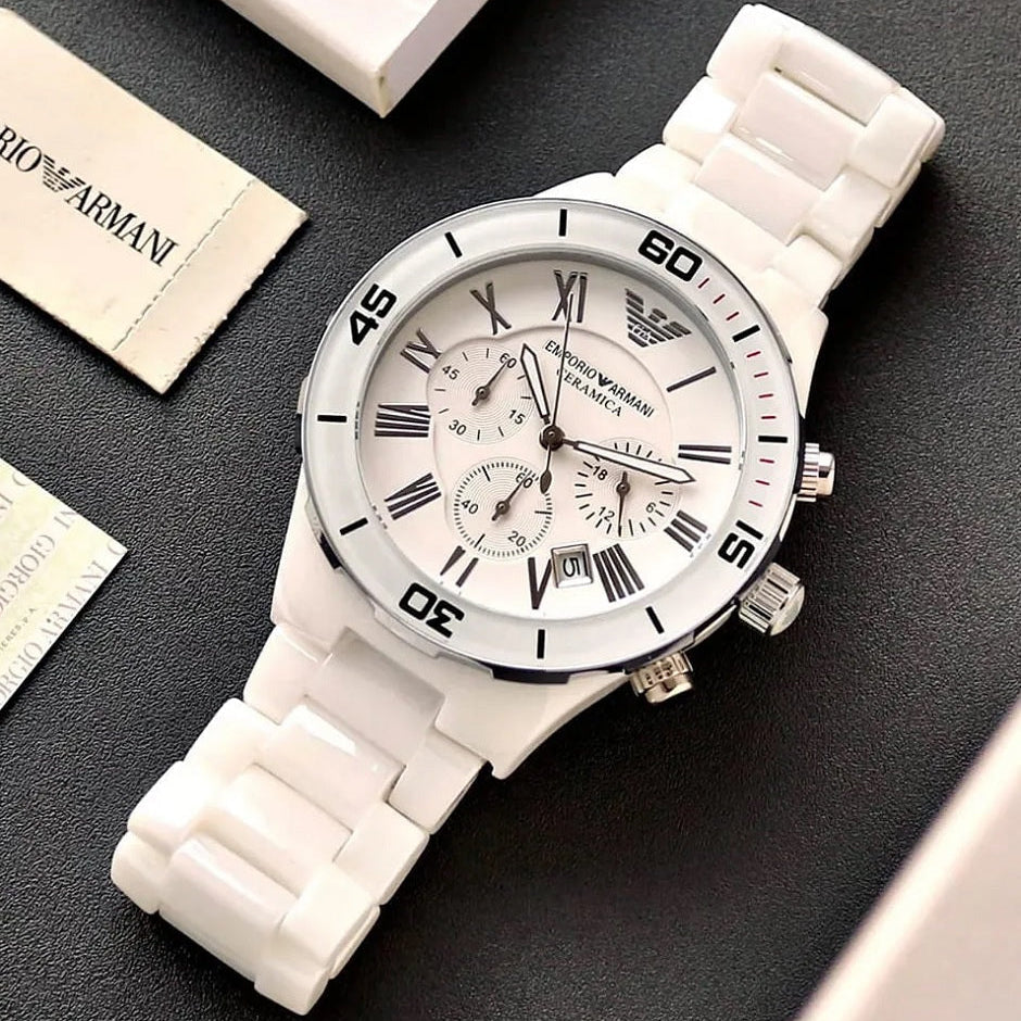 Montre Emporio Armani AR1424 Leo pour homme en céramique blanche