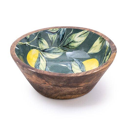 Enamelled Mango Wooden Dish Inlay Lemons and leaves 20cm