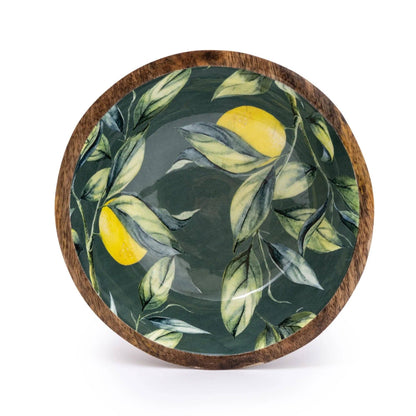 Enamelled Mango Wooden Dish Inlay Lemons and leaves 20cm