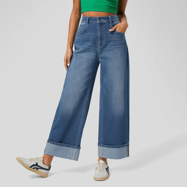 Jean droit à taille haute et ourlet retroussé