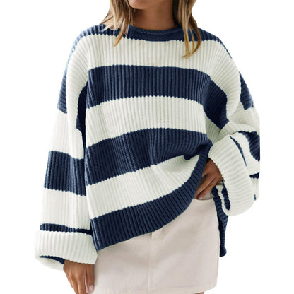 Women's Striped Pullover Sweater - Batwing Sleeve Knit Top