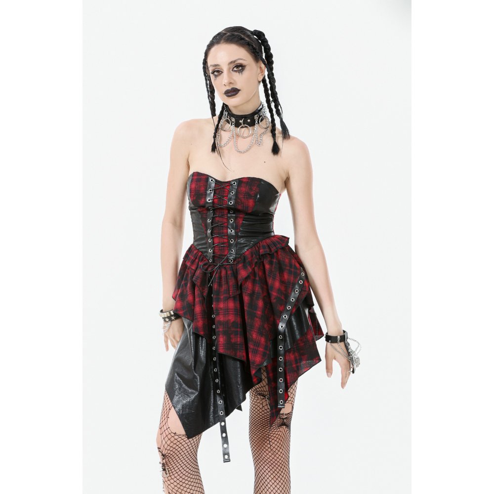 Robe Corset Punk en Tartan Rouge Dark in Love avec Jupe Asymétrique