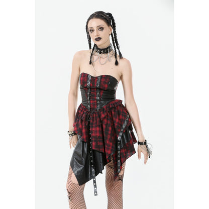 Robe Corset Punk en Tartan Rouge Dark in Love avec Jupe Asymétrique