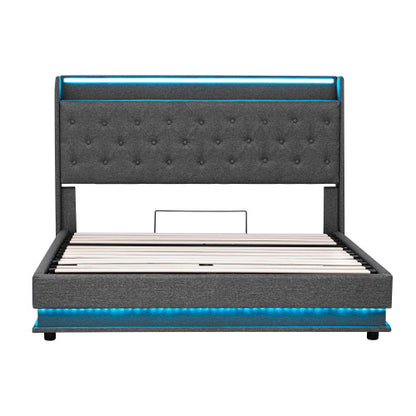 Cadre de lit capitonné King size 150cm avec rangement hydraulique, tête de lit capitonnée LED avec station de recharge et rangement de tête de lit dissimulé, ports USB et Type-C, lin, gris