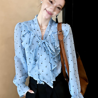 Polka-Dot Ruffle-Bow Chiffon Shirt