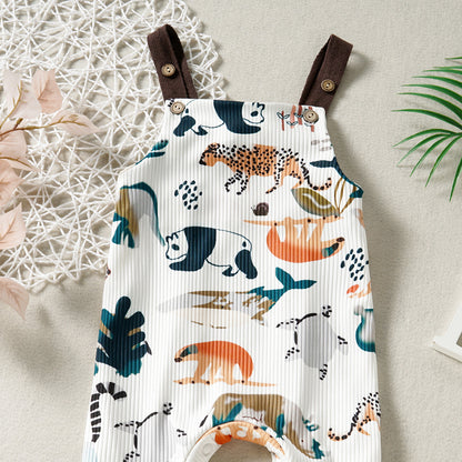 Baby Cotton Sunken Stripe Printed Animal Sling Jumpsuit