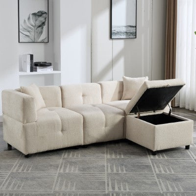 80 Sectional Sofa Couch With Removable Storage Ottoman, Fabric Sofa For Living Room Apartment, L-Shaped Sofa With 2 Pillows For Home Apartment Office Living Room, Beige