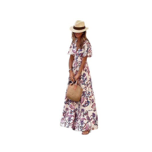 Printing Ruffled Short Sleeves Dress