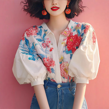 Women's Elegant French Style Puff Sleeve Floral Shirt