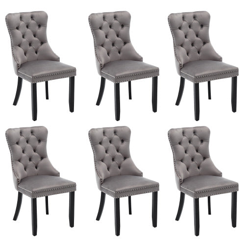 Modern Set Of 6 Upholstered Velvet Dining Chairs, Button Tufted Kitchen Lounge Chairs With Brushed Wood Legs, Riveted Trim And Knocker Ring, For Dining Room Living Room