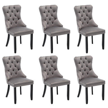 Modern Set Of 6 Upholstered Velvet Dining Chairs, Button Tufted Kitchen Lounge Chairs With Brushed Wood Legs, Riveted Trim And Knocker Ring, For Dining Room Living Room