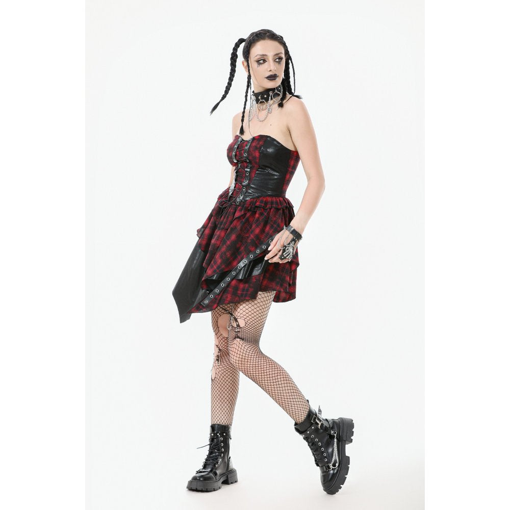 Robe Corset Punk en Tartan Rouge Dark in Love avec Jupe Asymétrique
