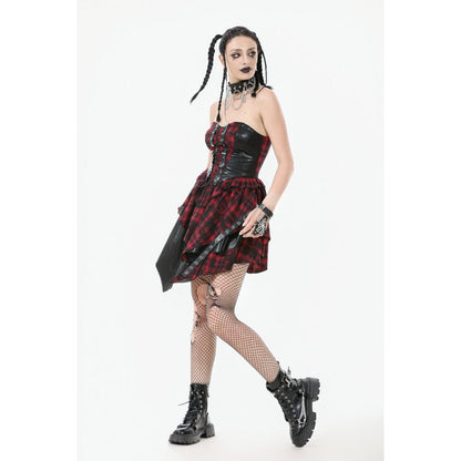 Robe Corset Punk en Tartan Rouge Dark in Love avec Jupe Asymétrique