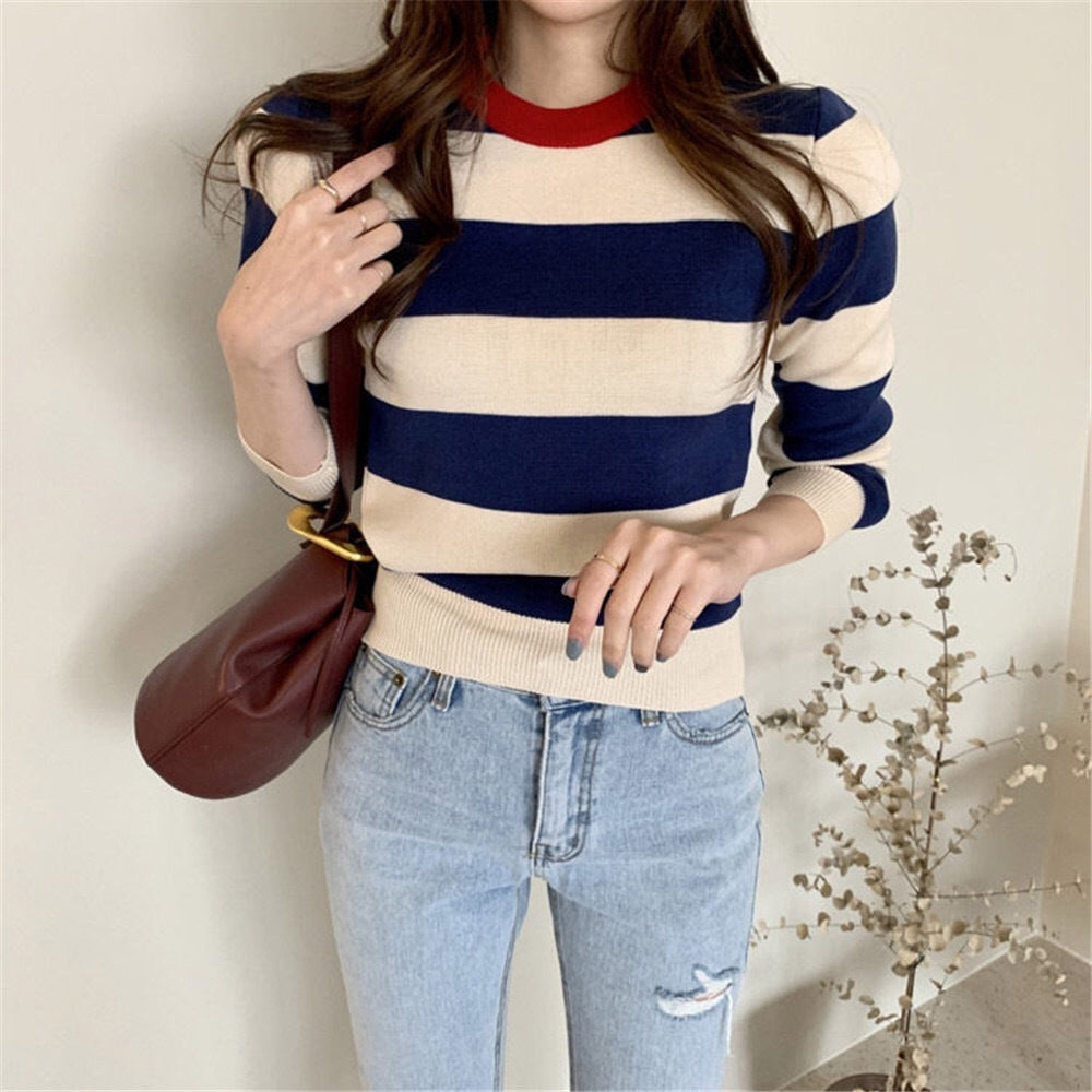Retro Outer Wear Pullover Horizontal Striped Sweater Women - Stuffs & Savers