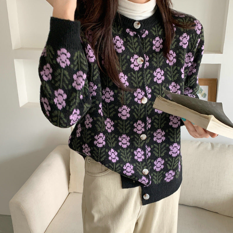 Flower Round Neck Sweater Women Cardigan Jacket - Stuffs & Savers
