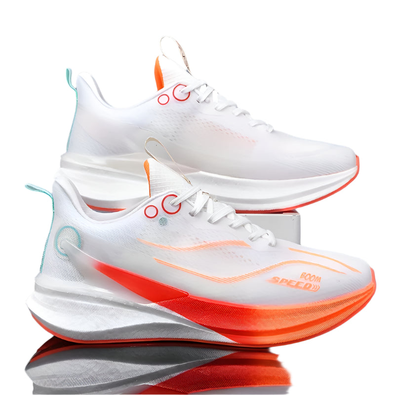Chaussures de course unisexe en fibre de carbone FAYWELLME – Baskets légères, absorbant les chocs, avec tige respirante et semelle en TPU – Chaussures de sport toutes saisons blanches et orange