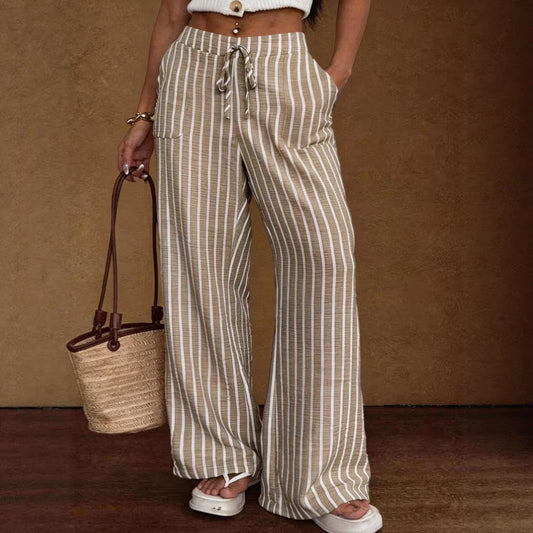 Striped Loose Commuter Casual Lace-up Elastic-waist Wide-leg Trousers