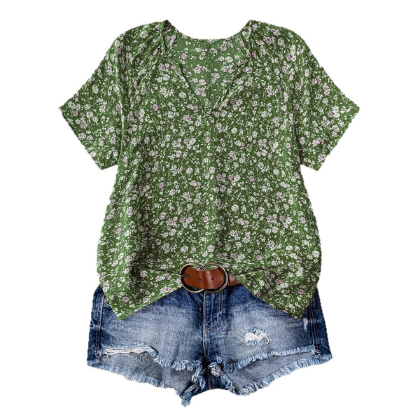 European And American Women's V-neck Short-sleeve Green Floral Casual
