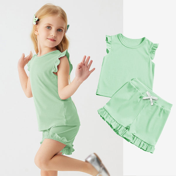 Girls' Solid-Colored Short-Sleeve Shorts Set