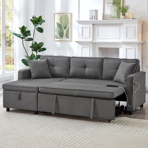 L-Shaped Pull Out Sleep Sofabed, Modern Reversible Sleeper Sectional Sofa, 3 In 1 Convertible Sofa Bed With Storage Chaise, Drop-Down Table, Cup Holders And Charging Ports, Grey