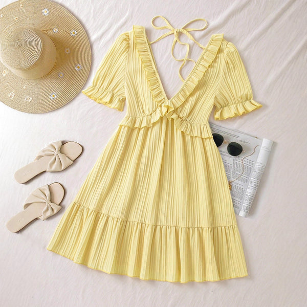 French-Style V-Neck Lace-Up All-Match Dress