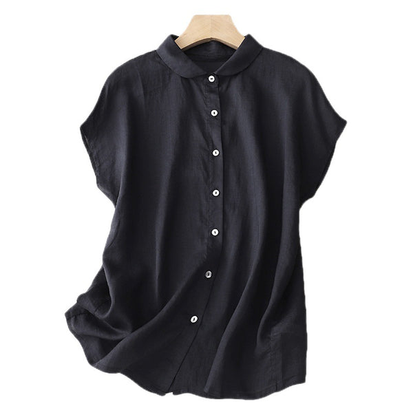 Cotton-Linen Plus-Size Loose Artistic Small Turn-Down Collar Shirt