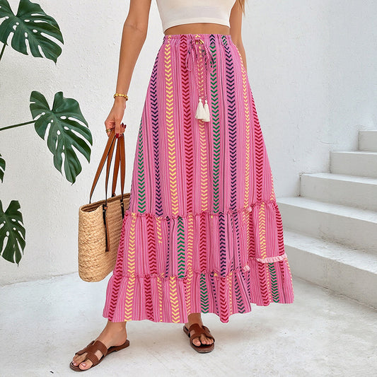 Ethnic Striped Tassel Maxi Skirt