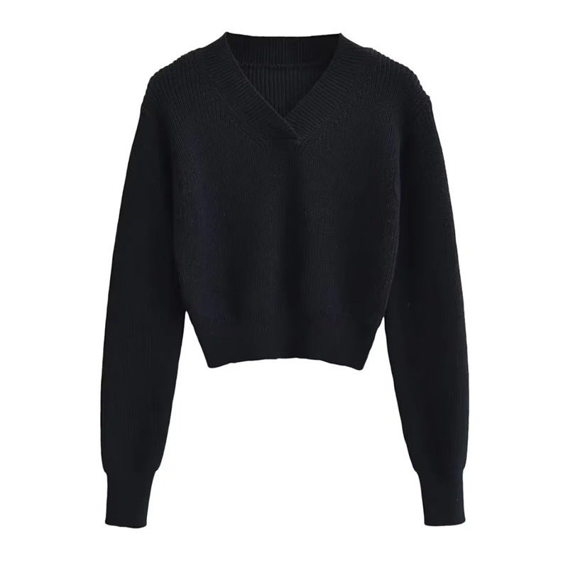 V-neck Thick Pullover Cropped Sweater