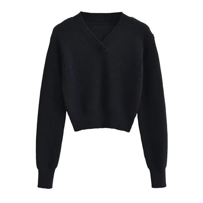 V-neck Thick Pullover Cropped Sweater