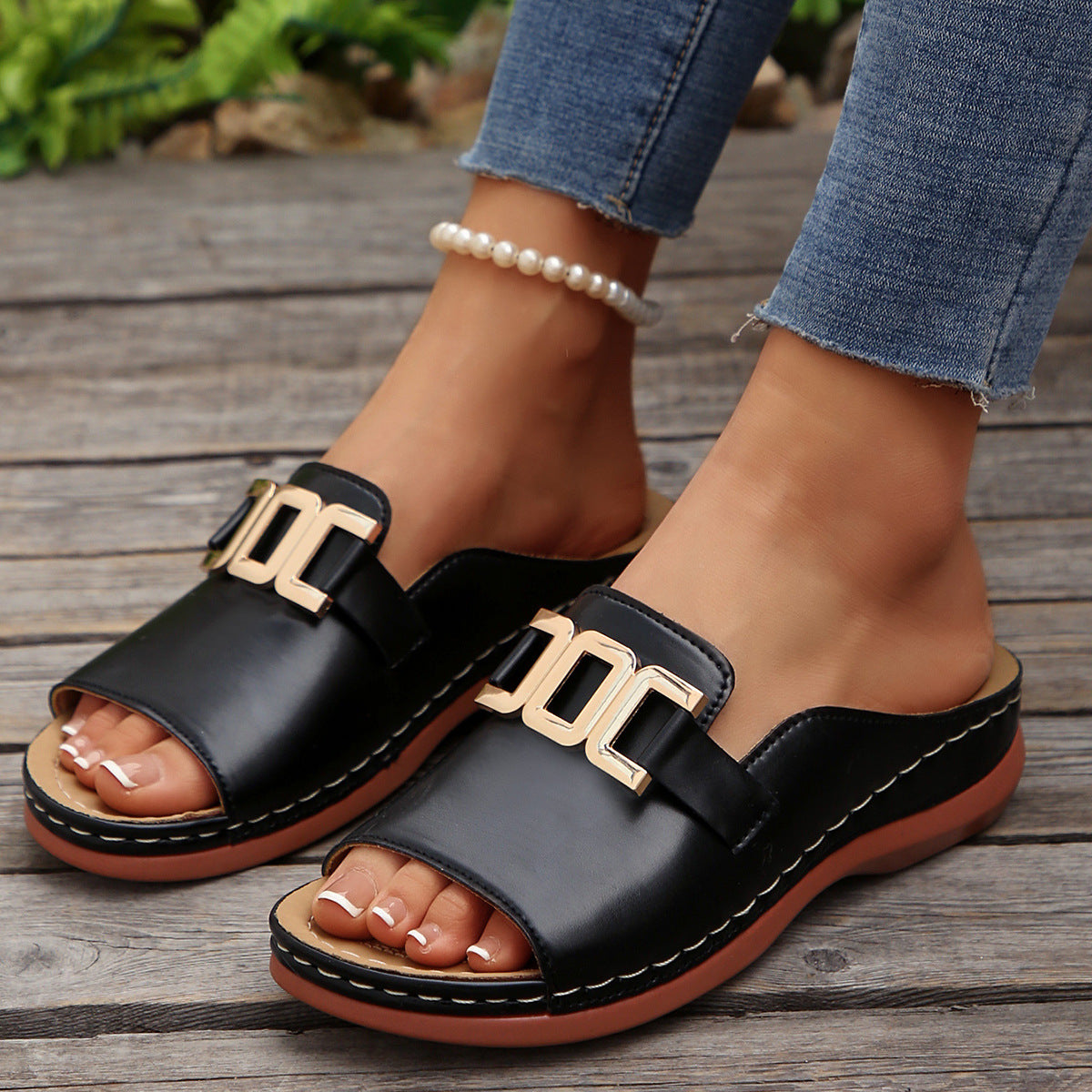 Women's Chain Wedge Platform Sandals | Peep-Toe Slides