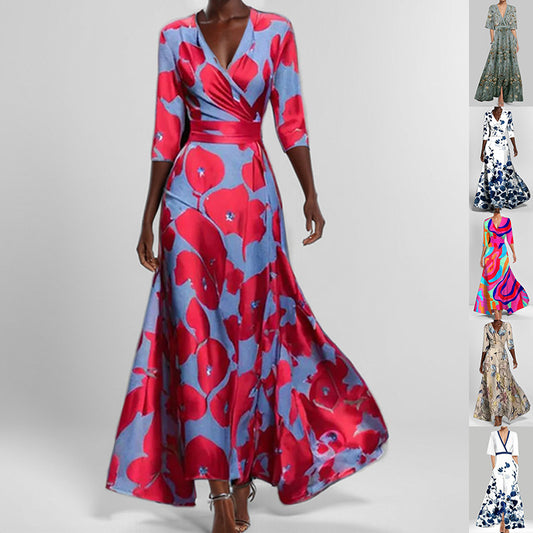 Womens Print Half-sleeve V-neck Dress