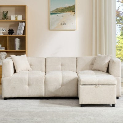 80 Sectional Sofa Couch With Removable Storage Ottoman, Fabric Sofa For Living Room Apartment, L-Shaped Sofa With 2 Pillows For Home Apartment Office Living Room, Beige