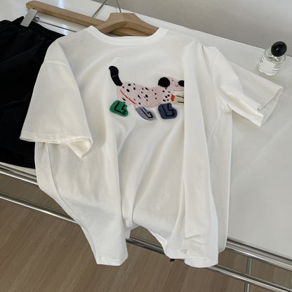 Heavy-duty 3D Embroidered Puppy Crewneck Short-sleeve Womens Top