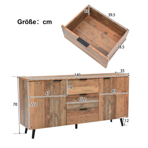 Sideboard Storage Cupboard Kitchen Buffet Sideboard TV Cabinet With Adjustable Shelves Dresser Vertical Cabinet Three Drawers For Living Room Dining Room Bedroom Vintage Brown 140cm
