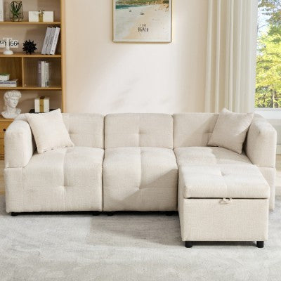 80 Sectional Sofa Couch With Removable Storage Ottoman, Fabric Sofa For Living Room Apartment, L-Shaped Sofa With 2 Pillows For Home Apartment Office Living Room, Beige