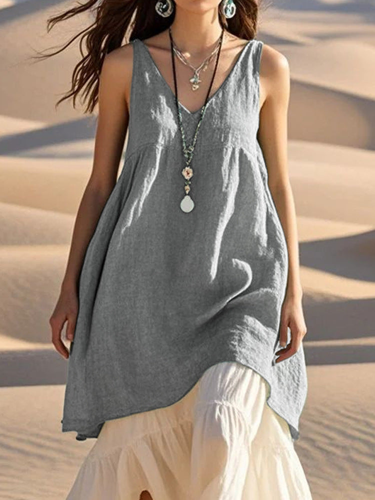 Sleeveless V-Neck Pleated Beach Dress