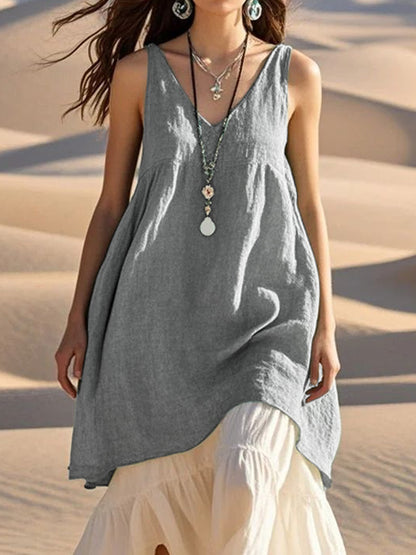 Sleeveless V-Neck Pleated Beach Dress