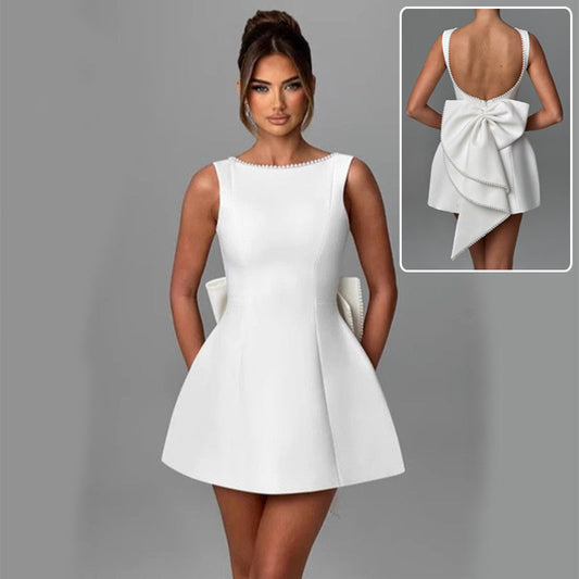Robe sans manches à dos nu, avec gros nœud et perles, coupe A, amincissante, pour soirée et fête, vêtements d'été pour femmes