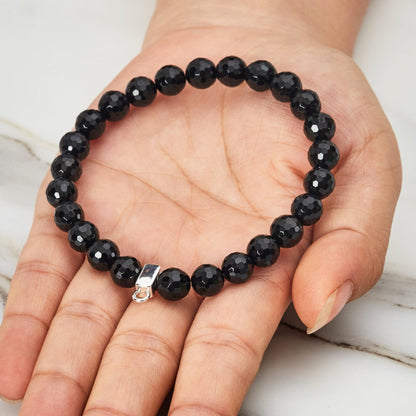 Faceted Black Onyx Gemstone Charm Stretch Bracelet