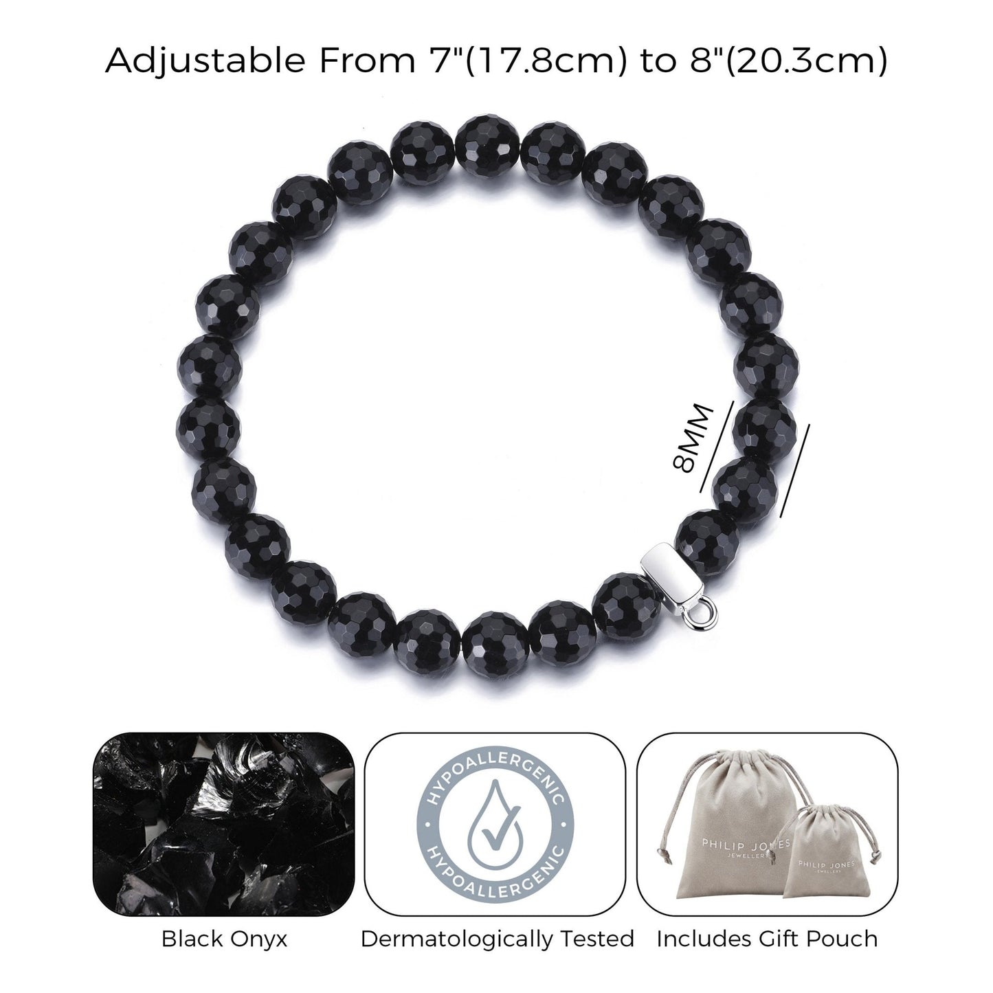 Faceted Black Onyx Gemstone Charm Stretch Bracelet